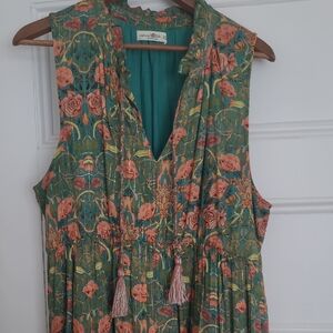 NATURAL LIFE Green Floral Midi Dress with Coral Rose Print